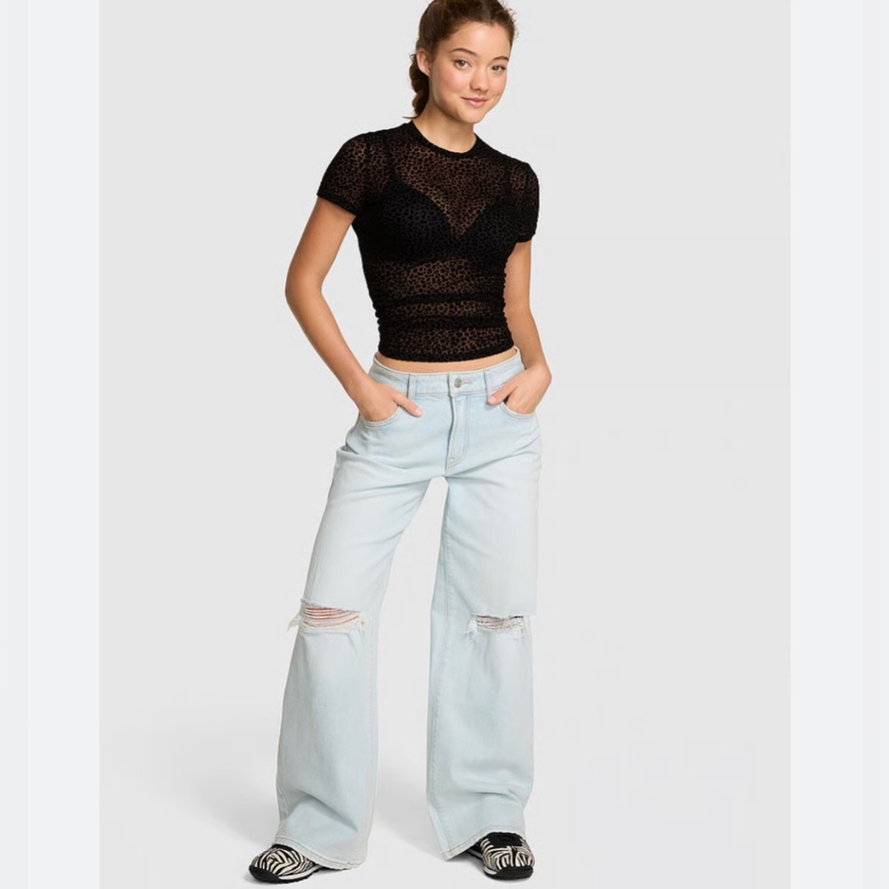 PINK Victoriaโs Secret Wide Leg Ripped Knee Hole Jeans Baggy Streetwear 14